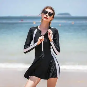 skonwat游泳衣女新款连体长袖大码显瘦遮肚保守ins风仙女范黑白l93105