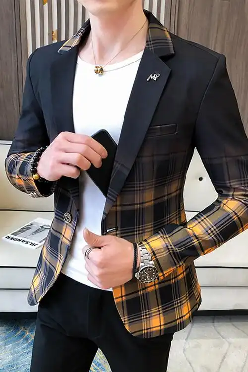 春秋季小西装男韩版修身西服男士商务休闲印花夜场男上衣服潮流