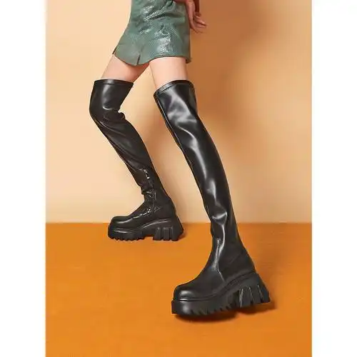 瘦腿弹力长靴女厚底高跟2021秋冬百搭高筒真皮过膝靴子长筒骑士靴