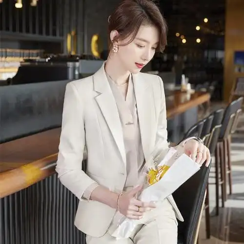 女先生女士职业套装米色长袖西装套装女秋季韩版时尚总裁西服外套职业