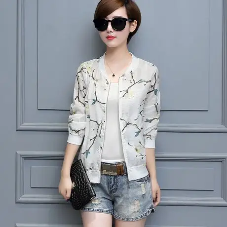 欧雅俏2016夏季新款韩版显瘦印花雪纺薄款捧球服外套开衫大码女装