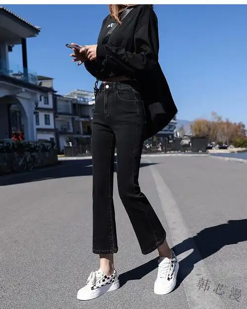 裤九分裤女学生休闲韩版宽松喇叭裤百搭显瘦夏天女生裤子蓝色九分s