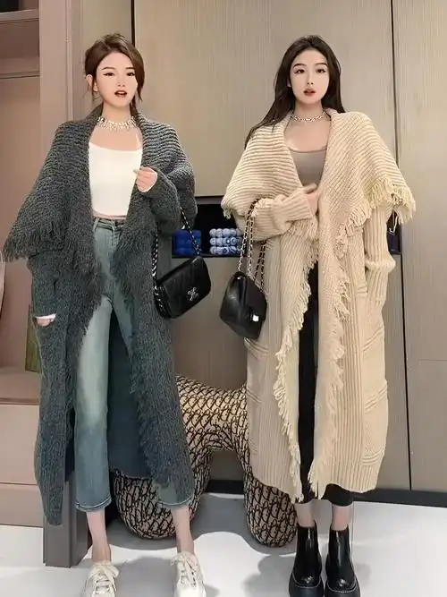 秋冬新款设计感小众名媛气质中长款流苏斗篷披肩开衫毛衣外套女 - 17