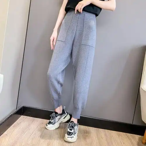 网红奶奶裤加厚针织裤女秋冬宽松萝卜裤高腰显瘦小脚九分哈伦裤潮