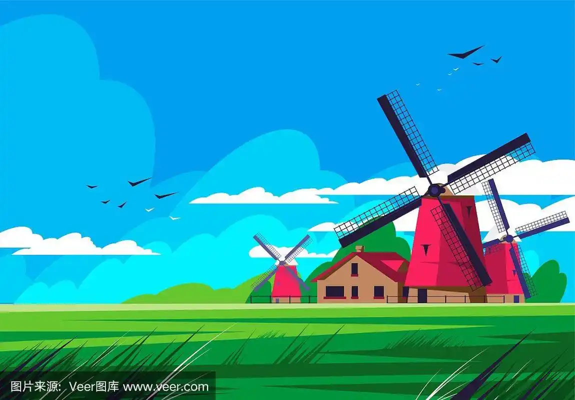 绘画插图,房屋,荷兰,矢量,传统风车