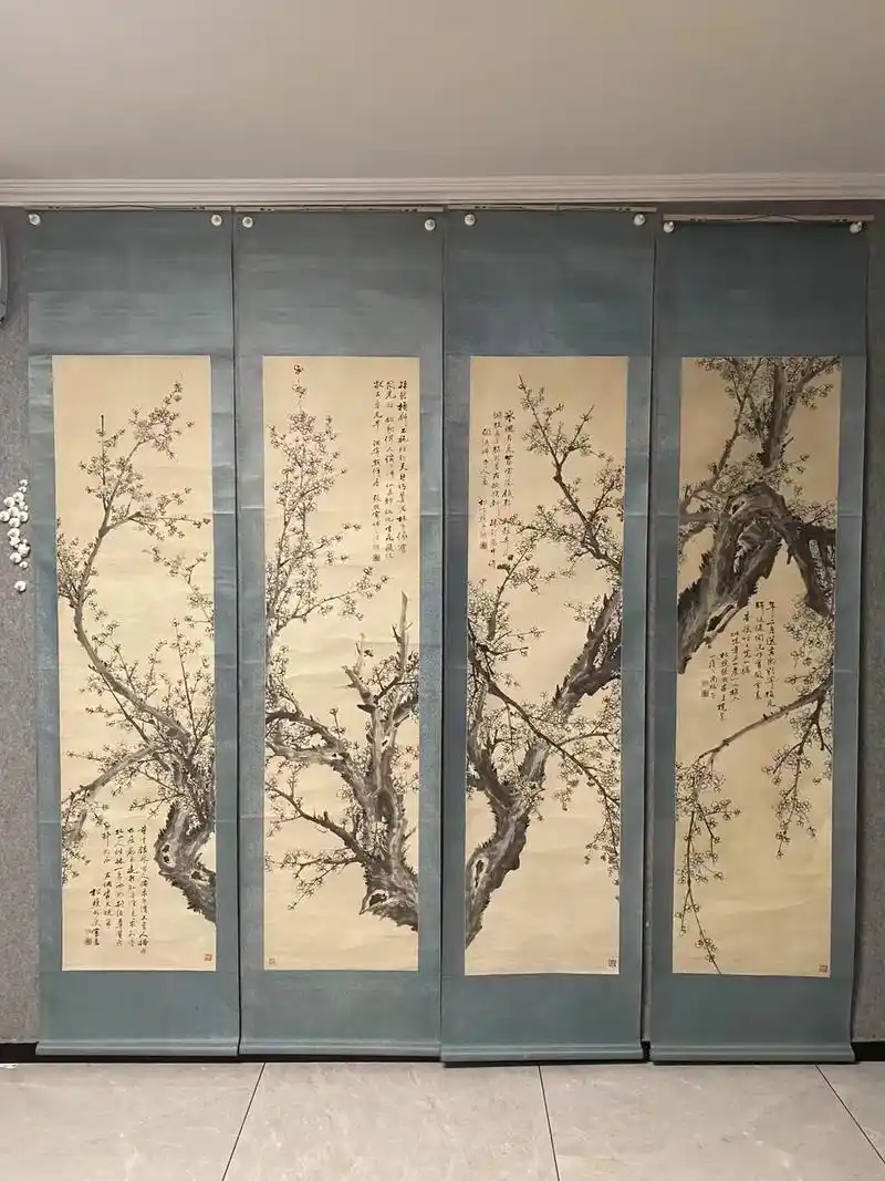 民国小说家  张春帆 六尺梅花 四屏 民国全绫旧裱 画心:1 - 抖音