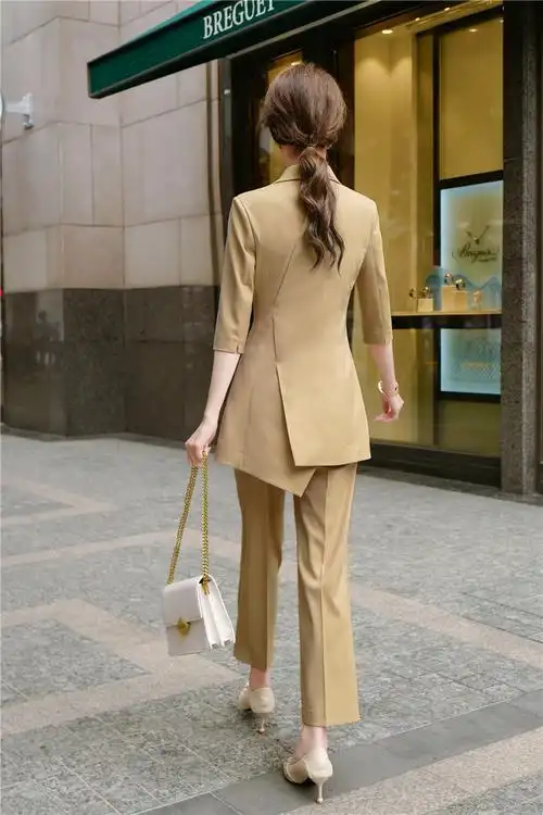 职业小西装套装女2020春装中长款七分袖时尚修身西装外套两件套裤