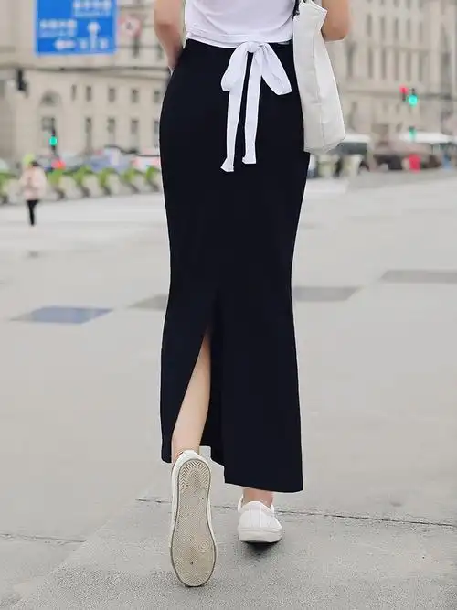 后开叉半身裙女2022夏季新款修身包臀长裙黑色显瘦休闲一步裙子夏