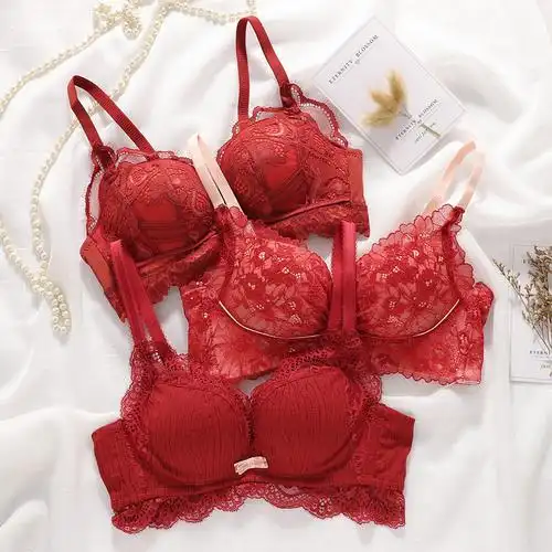 红色内衣结婚新娘小胸薄款聚拢女性感蕾丝新款酒红本命年文胸套装