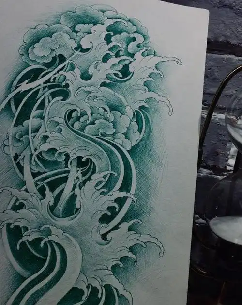 水浪花臂手稿纹身图片_手臂新传统纹身图案
