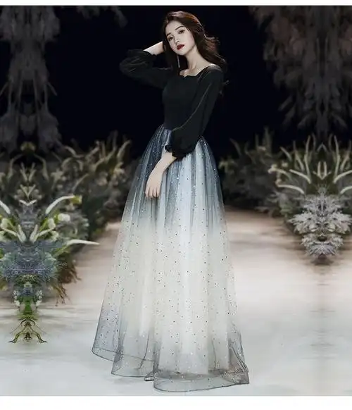 黑色仙女晚礼服裙仙气长款星空渐变梦幻女森系质感小礼服一件代发