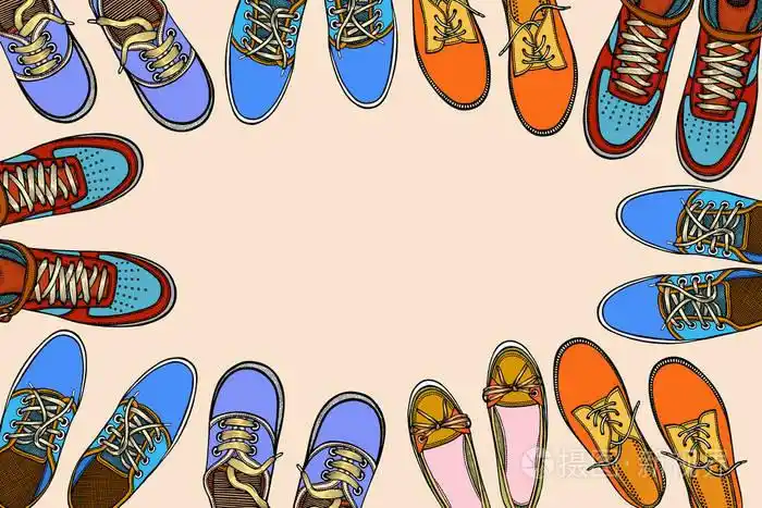 背景的许多运动鞋排队在一个圆圈与自由空间的文本手绘矢量插图在白色