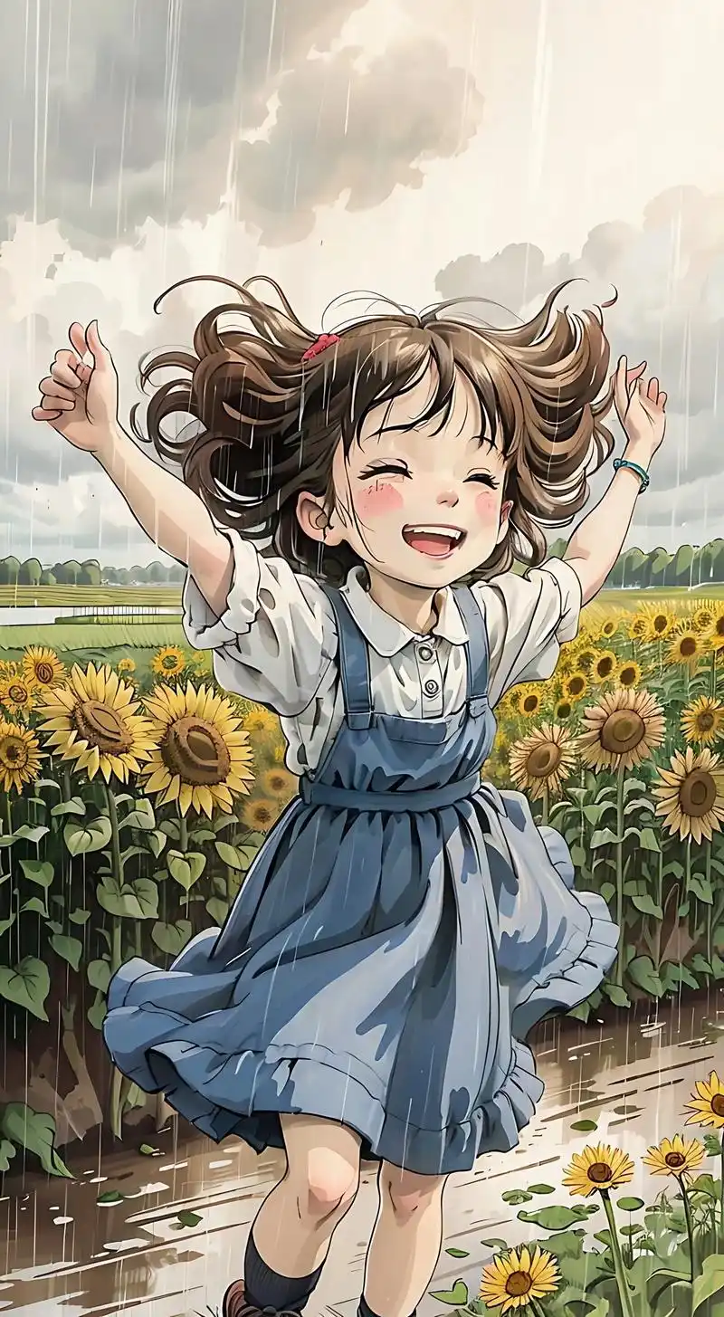 小姑娘特别开心,开心笑,雨中,头发随风飘扬,蒲公英#意境 # - 抖音