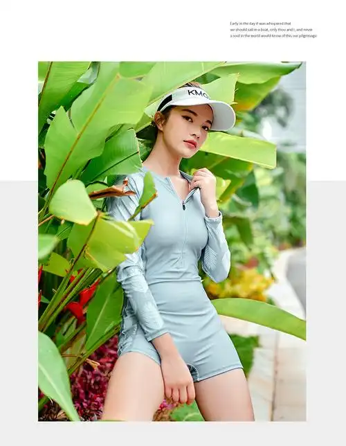 361度泳衣女士连体平角保守遮肚显瘦长袖防晒新款ins风温泉泳装灰蓝色
