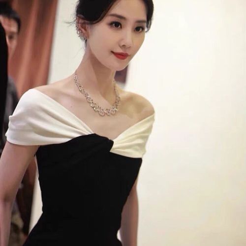 刘诗诗同款晚礼服高级感宴会气质一字肩黑色礼裙高端轻奢简单大方