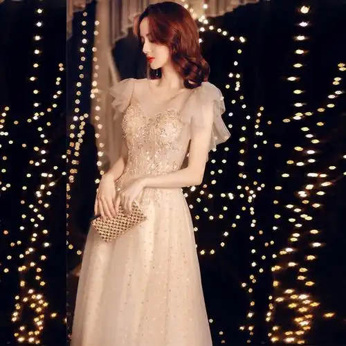 香槟色晚礼服2021新款优雅公主生日宴会仙女长裙礼服