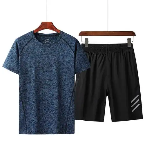 短袖修身t恤男士夏季冰丝运动服情侣装休闲宽松跑步套装 彩兰男款 l