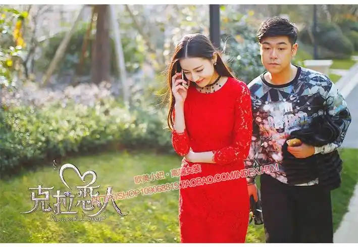 2015韩系蕾丝连衣裙 克拉恋人高雯同款时尚修身红色七分袖连衣裙