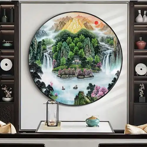 圆形流水生财聚宝盆挂画 玄关走廊过道 富水长流 八方聚财山水画