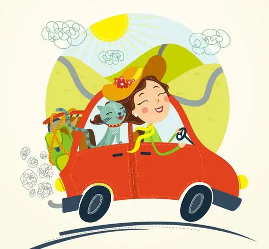 开车旅行的女子和猫咪矢量素材