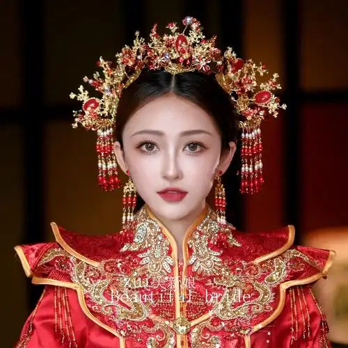 源璐中式婚礼古典秀禾服新娘造型复古头饰小清新琉璃花朵结婚盘发饰品