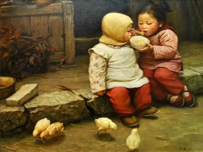 农村田园风光民俗风情油画农家水牛孩子饭店餐馆客栈现代装饰画