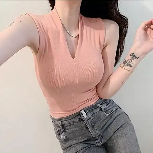 女装性感白色吊带无袖韩版显胸露脐新款背心上衣网红夏季领小修身