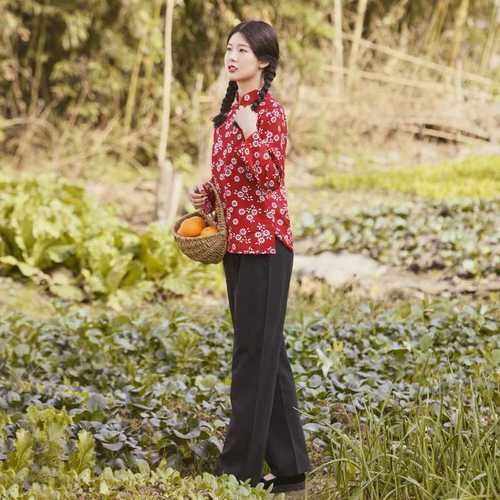 村姑服装女纯棉碎花乡村风花衣服怀旧服装采茶舞蹈服阿庆嫂演出服