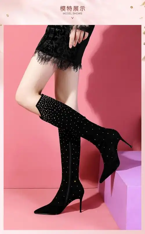 豪雅森奴满钻加绒长靴秋冬新款胎牛皮长筒靴性感尖头时装靴细跟高筒靴
