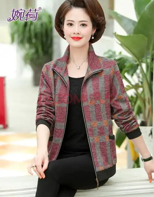 衫中年妇女40岁50翻领开衫上衣中老年秋装短款格子外套宽松大码薄上衣