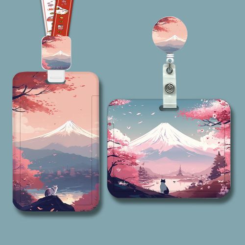 富士山樱花横版证件胸牌易拉扣工牌伸缩扣卡套一体钥匙扣学生饭卡