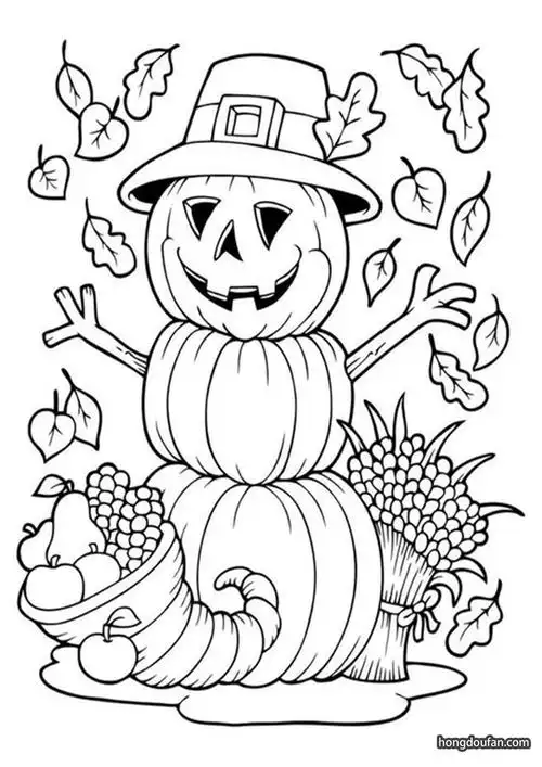 万圣节带着帽子的可爱南瓜小人涂色图片打印 | 红豆饭小学生简笔画大