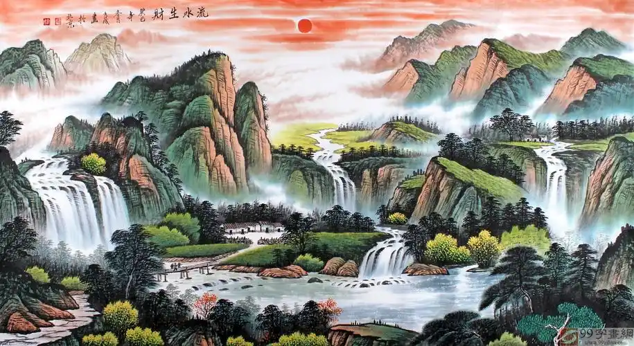 宁良成六尺青绿山水聚宝盆《流水生财》 - 聚宝盆山水画 - 99字画网