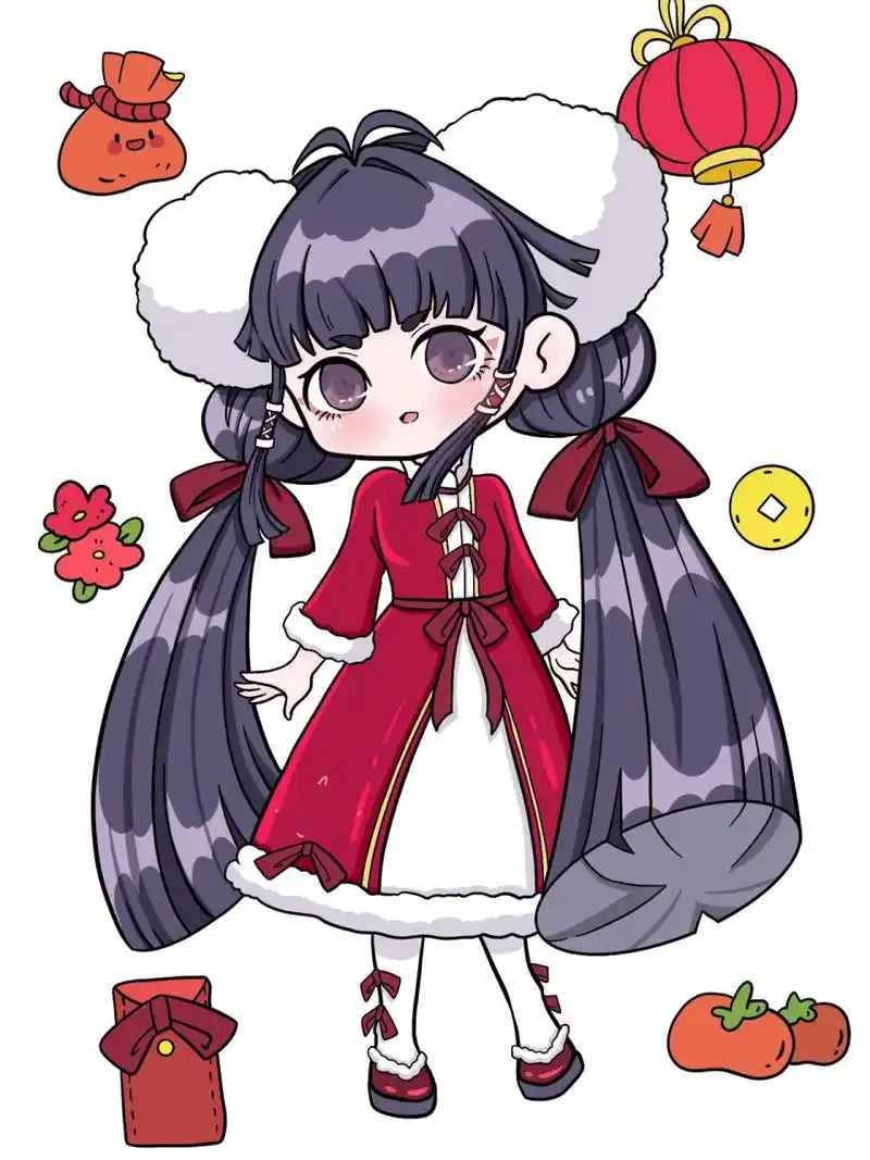 新年元旦春节简笔画贴纸卡通q版人物可爱女 原创动漫人物全身站姿