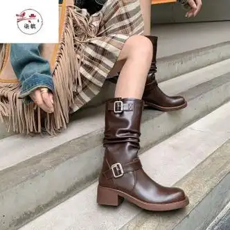 柒貔棕色长筒靴女秋冬靴子圆头套筒机车高筒骑士靴复古西部牛棕色绒里