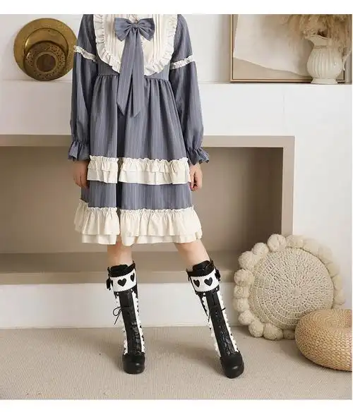 2021洛丽塔公主甜美女靴蝴蝶结水台粗跟中跟高筒靴大小码新款靴子