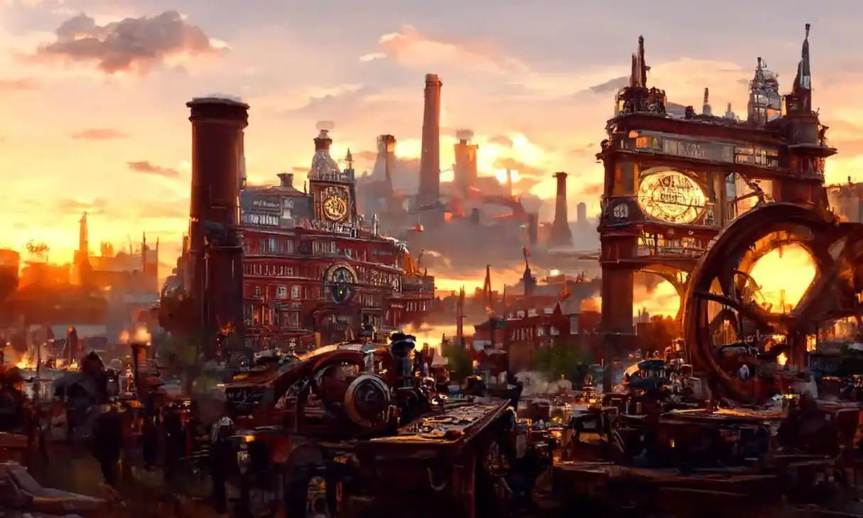 ai绘画|蒸汽朋克工厂工业革命时期的伦敦,夕阳西下的工厂. - 抖音