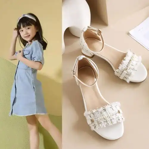 淘宝￥69折后价￥69女童高跟鞋公主儿童包头凉鞋宝石皮鞋配纱裙白色软