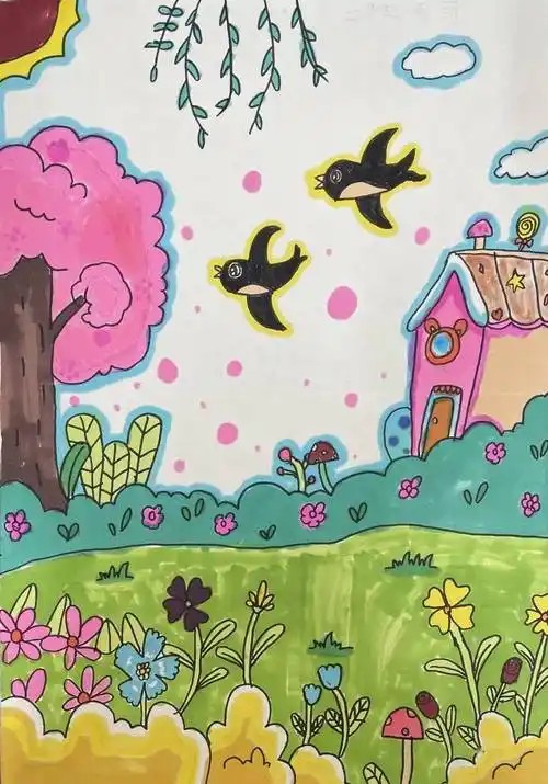 诵完一首首优美又细腻的诗歌,孩子们用画笔绘出了一幅幅春天的美景,用