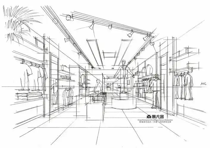 【集尤客手绘分享】苗长银服装店空间手绘线稿分步表达|空间|家装设计
