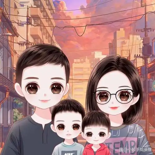 可爱卡通头像,一家四口手绘漫画全家福,简单的幸福更特别