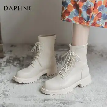 白色马丁靴女单靴加绒英伦风中筒靴厚底短靴靴子品牌新品女鞋 米白色