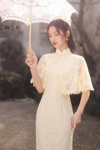 司藤同款夏季改良旗袍披肩礼服年轻少女款纯白色气质复古短连衣裙