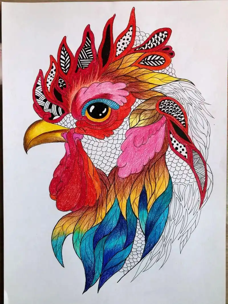 超喜欢冷暖对比的配色辣～ 素材儿童画|创意美术 |线描彩铅|装饰画