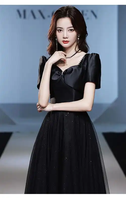 黑色晚礼服裙2022新款春夏季宴会修身优雅气质艺考纱裙女年会礼服