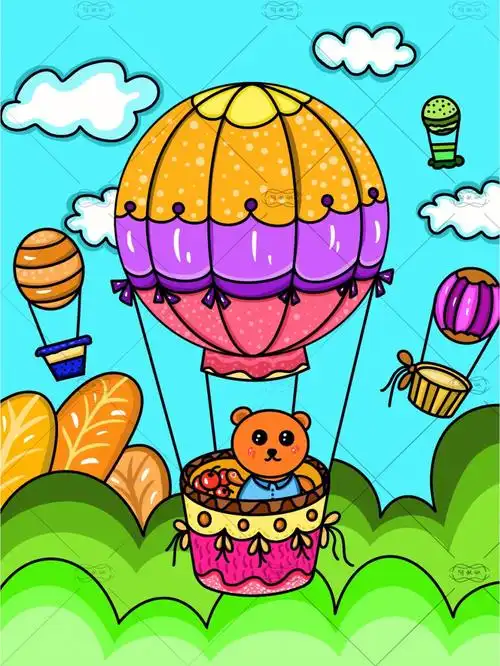热气球儿童画内附线稿小熊热气球儿童画