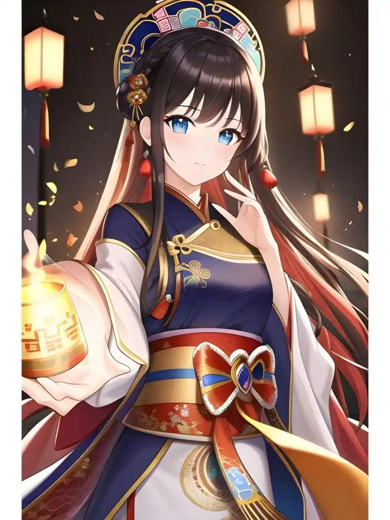 温馨灯光下的汉服裙装女子,动漫二次元绘画