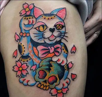 女生大腿招财猫纹身图案(35)