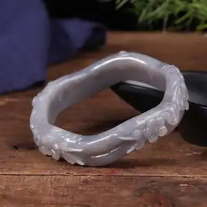 新款新疆和田玉带翠雕花手镯精雕玉镯玉石玉器镯子烟紫桃花镯女款