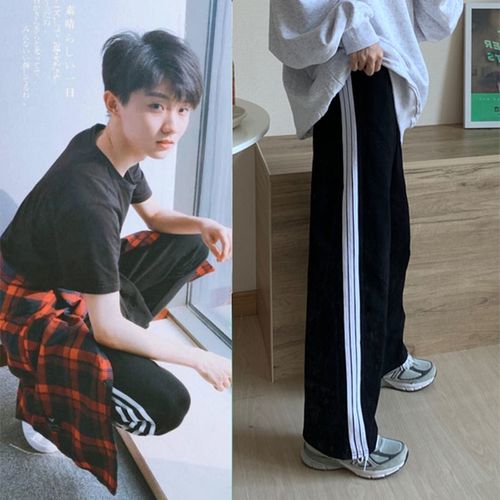 时代少年团同款裤子周边马嘉祺三条杠阔腿裤宽松直筒裤学生男女夏